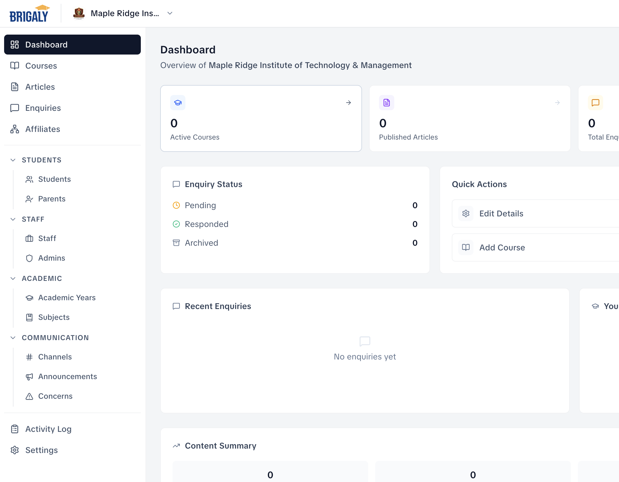 Institute Dashboard screenshot